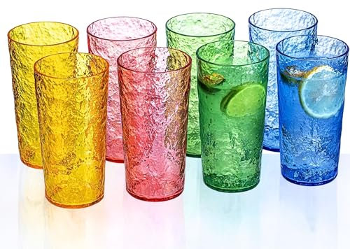 MIYOPESI 18oz Colorful Acrylic Glasses Drinkware (Set of 8), Ice-carved Design Stackable Shatter-Proof Plastic Cups, Reusable Plastic Drinking Tumblers, BPA-Free, Dishwasher-Safe