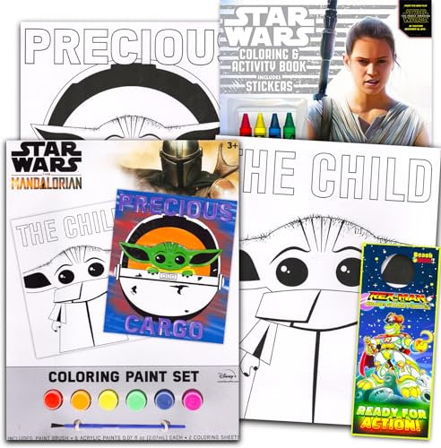 Disney Ensemble d'affiches de peinture Baby Yoda – Ensemble avec livre d'activités de peinture Star Wars avec pages de coloriage, autocollants, et plus encore | Coloriage et activités Baby Yoda pour