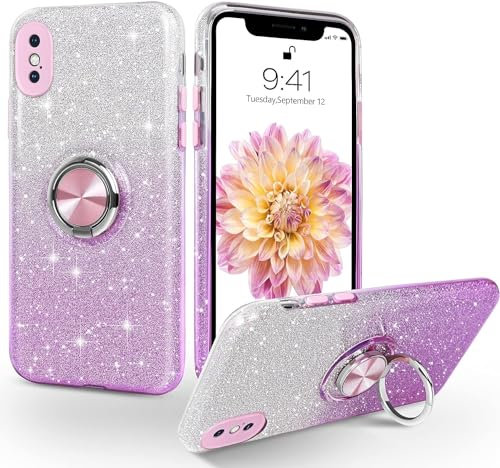 MOBISTAR® Bling Glitter Case for iPhone XS Max - 6.5'' - Sparkly Slim with 360° Ring Holder Kickstand Support Magnetic Car Mount Protective Cover (Purple)