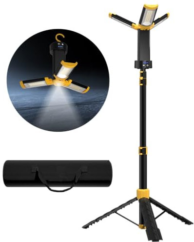 LHOTSE Luz de camping recargable con soporte, 83 pulgadas de alto, portátil, 3000 lúmenes, luz de trabajo inalámbrica con 3 lámparas LED y trípode desmontable, batería de 9 AH, luz de trabajo LED