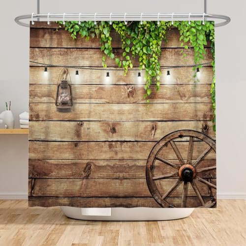 Ttincceer Planche de Bois Rideau de Douche 152x183cm Vintage Planche de Bois Feuilles Vertes Grange Porte Salle de Bain Rideau Campagne Pastorale Ferme Rideaux de Douche