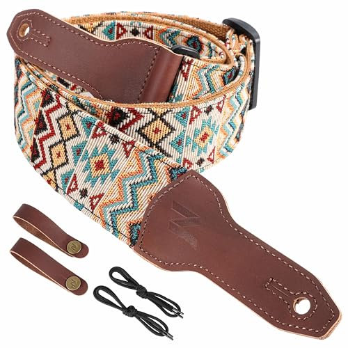 Nefelibata Banjo-Gurt, 2 breit, Vollnarbenleder Jacquard bestickt, verstellbarer Ersatz, Gitarrengurt mit Kopfplatten-Seil und Leder-Stirnband (Boho-Gelb)