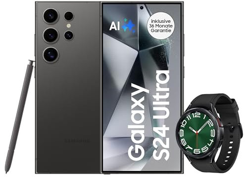 Samsung Galaxy S24 Ultra AI Smartphone, Android-Handy ohne Vertrag, 12GB RAM/512GB Speicher, 200-MP-Kamera, S Pen, Lange Akkulaufzeit, Titanium Black + Galaxy Watch6 Classic Smartwatch, 47 mm, Schwarz