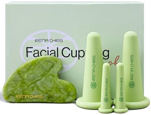 Rena Chris Set di Coppettazione Facciale e Gua Sha Viso - Coppettazione in Silicone e Pietra Gua Sha di Giada - Per la Cura Naturale Della Pelle, Gonfiore Delle Labbra (Verde)