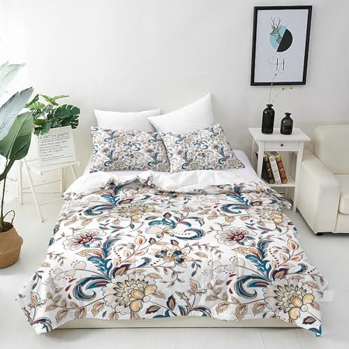 ANHOPE Blume Bettwäsche Set 3 Teilig Retro Stil Vintage Floral Bettbezug 155x220 cm + 2 Kissenbezug 80x80 cm Weich Microfaser Bettbezüge mit Reißverschluss Bettdeckenbezug Set für Kinder Mädchen