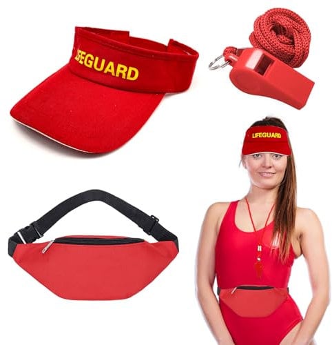 XNIVUIS 3 Stück Rettungsschwimmer Kostüm Set Lifeguard Set Fasching Kostüm Hut mit Wache Gürteltasche mit Umhängeband, verstellbare Sonnenschutzkappe, Baywatch Herren & Damen (Rot)