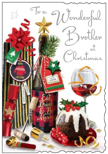Jonny Javelin Weihnachtskarte für Bruder – Wunderbarer Bruder – Festliches Essen und Getränke – künstlerisches Design – spezielle Oberflächen und illustriertes Blatt – hergestellt in Großbritannien