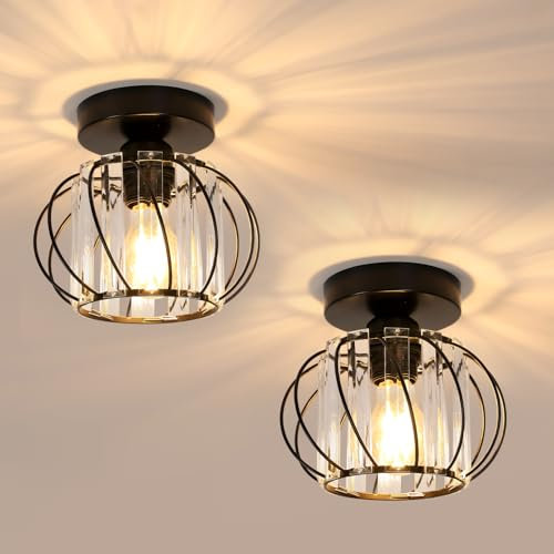 Pheashine Deckenleuchte kristall 2 Stück, Vintage Schwarze Deckenlampe, Metall Lampenschirm Deckenleuchte Kristall Kronleuchter for Schlafzimmer, Flur, Veranda
