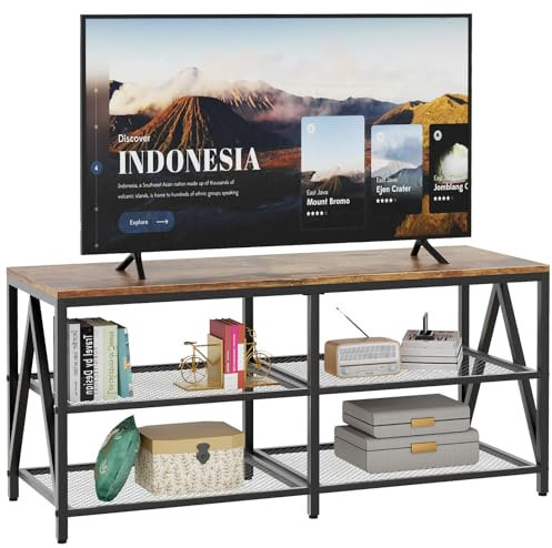 Katrawu Soporte de TV para TV de hasta 55 pulgadas, gabinete de TV de 43 pulgadas de largo con estantes de almacenamiento de 3 niveles, mesa consola de TV para sala de estar con marco de metal