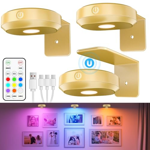 WILLED Bildbeleuchtung Kabellos, Bild beleuchtung wand kabellos, LED Spot Akku mit Fernbedienung, Wiederaufladbare Bilderlampe mit 9 RGB-Farben, Vitrinenbeleuchtung LED mit Timer, Gold(3er Pack)