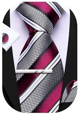 Barry.Wang Herren Seiden-Geschäftskrawatten mit Taschentuch Manschettenknopf-Streifen Plaid-Krawatten-Set Feierliche Hochzeit