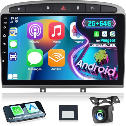 [2+64G] Autoradio Android 13 pour Peugeot 308 408 2007-2015 avec sans Fil Carplay & Android Auto, Radio Tactile 9 Pouces avec WiFi GPS Mirror Link DSP FM/RDS Radio SWC+ AHD Caméra de Recul