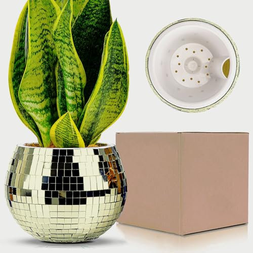 Boule Disco Plante Pot,Disco Boule Facette Pot de Fleur,Cache Pot Boule Disco,Disco Jardiniere,Bol Disco,Vase Disco,Paillettes Doré Mosaique Miroir Verre Disco Decor pour Cactus Succulent,4*5*5IN