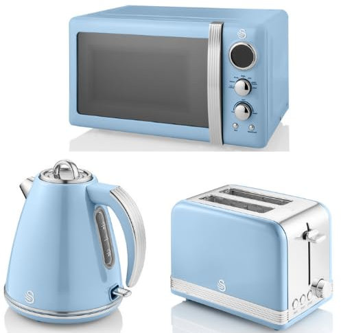 Swan Retro Blue 1.5L 3KW Jug Kettle, 2 Slice Toaster and 800W 20L Digital Microwave. Matching Retro Design Kitchen Set in Blue