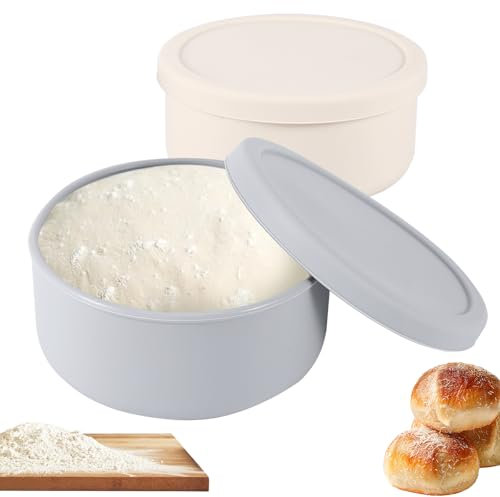 ZONJIE Pizza Dough Box with Lid, Set of 2, Food Grade Silicone, Non-Stick Dough Bowl, Easy Release Holds up to 350g, Fermentation Box Dough Tray, Pizza Accessories (Beige+Blue Grey)