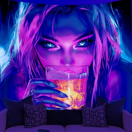 WEBEEDY Schwarzlicht Cool Girl Wandteppich UV-reaktiv Wandteppich 150x130cm | anime wandteppich;uv-reaktiv tapisserie;für schlafzimmer;ästhetisches wandteppich;party hintergrunddekoration