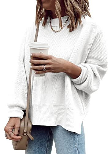 Saodimallsu Jersey de manga larga para mujer, cuello redondo acanalado, abertura lateral, suéter de punto para otoño e invierno