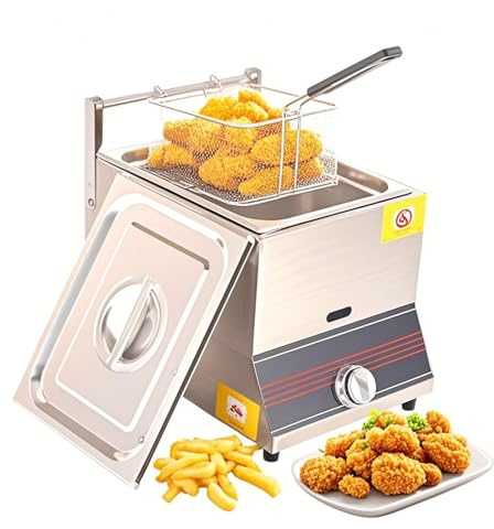 LPG Gasfritteuse, Edelstahl-Fritteuse mit Deckel und Korb, Einzeltank für Zuhause, Küche und Restaurant