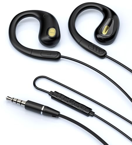 fesoklaf 3,5 mm kabelgebundene offene Ohr-Kopfhörer mit Ohrbügel, Laufkopfhörer mit Mikrofon und Inline-Steuerung, Luftleitung, kabelgebunden, Stereo-Headset für Sport, Radfahren, Joggen