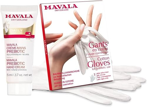 Mavala Hand Cream Prebiotic & Mavala Cotton Gloves - Pack of 2 Hand Care - Moisturizes, Repairs & Protects Dry Hands with Enhanced Action Overnight