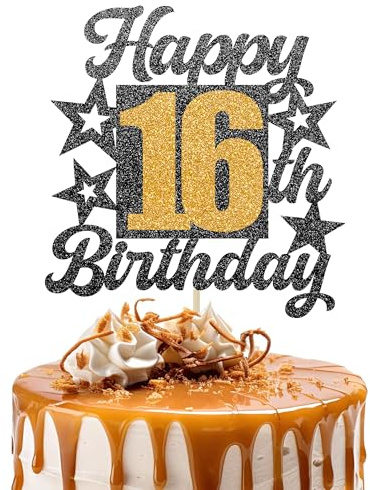 Happy 16th Birthday Cake Topper - Cheers to 16 Years Black Gold Glitter - 16 & Fabulous Cake Decoration - Kids Birthday Cake Topper for Girls or Boys - Party Supplies