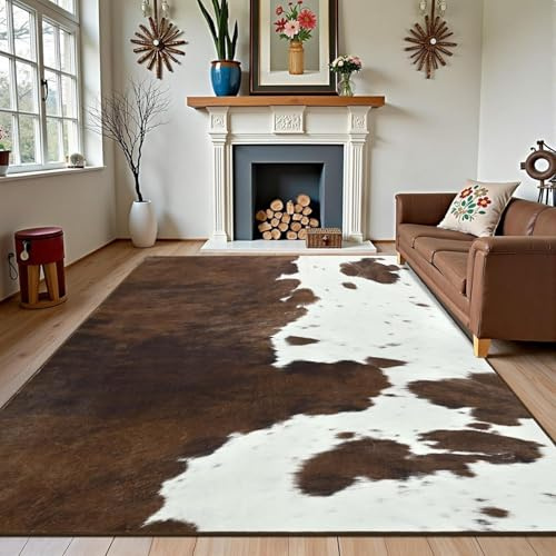 Premium Faux Cowhide Accent Rug, 160x230cm, Vintage Brown Western Home Decor Animal Cow Print Throw Area Rugs, Lightweight Reduce Noise Large Carpet for Living Room Farmhouse