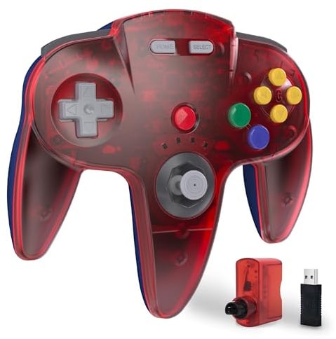 Wireless N64 Controller, 2.4GHz with USB Receiver & N64 Receiver, Remote Gamepad Joystick Compatible with N64 Console, Windows PC MAC Raspberry PI Switch (Clear Red)