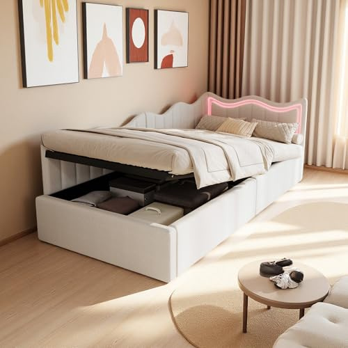 Aneutr Einzelbett Jugendbett 90x200, Daybett mit LED, Bett mit Hydraulischer Stauraum, Kinderbett 90x200, Sofa Bett Gästebett mit Lattenrost, Bettcouch, Samt, ohne Matratze (Beige Weiß)
