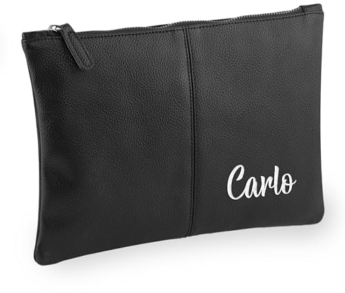 Caribu design Borsello Uomo a Mano Personalizzato con Iniziali o Nome - Busta Elegante in Eco Pelle Pochette 28x20 cm con Cerniera per Accessori Lavoro Viaggio Casa Beauty Case Toilette (Nero)