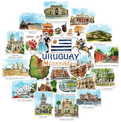 Navy Peony Uruguay Reise-Sticker-Set — handillustrierte Aquarell-Motive, matt, konturgeschnitten — für Journals & Scrapbooks (28-teilig)