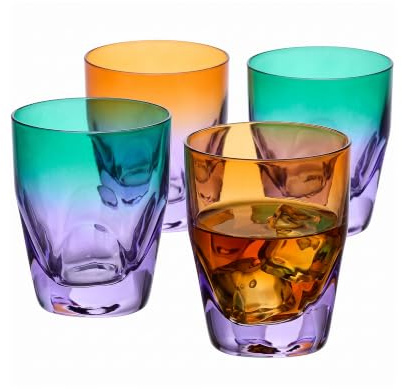 Krosno – Whiskygläser 260 ml – 4er Set – Aurora Kollektion – Handbemalt – Bleifreies Kristall – Für Bourbon, Rum & Cocktails – Geschenk – Orange-Violett