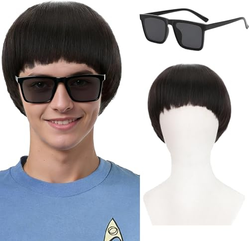 DAVBNM Short Black Straight Wig, Short Mushroom Wig Emo Wigs with Full Bang, Funny Wigs Bowl Cut Hairstyle, Black Sunglass, for Men's 60s 70s 80s Movie Role Play Cosplay Fancy Dress Party Halloween