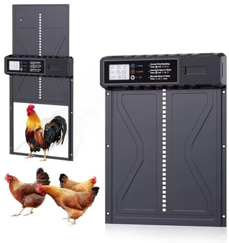 NEWFUN Puerta Gallinero Automatica, Aleación de Aluminio, Gallinero Automático con Pantalla Grande Resistente al Agua, Temporizador, Protección Inteligente contra Atrapamientos