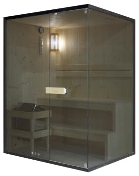 SANOTECHNIK Sauna FALUN L für 2–3 Personen, Innensauna aus Fichtenholz mit 4,5 kW Harvia Saunaofen, Saunasteine & Zubehör, getöntes Sicherheitsglas, 150 x 120 x 200 cm