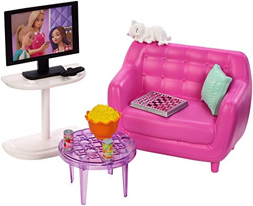 Barbie Mobilier Coffret d’intérieur pour poupée avec Meubles de Salon, Chaton, Meubles et Accessoires, Jouet pour Enfant, FXG36