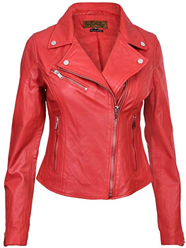 Infinity Leather Giacca in Pelle da Donna Rosso Giacca in Vera Pelle Stile Motociclo Classico XS