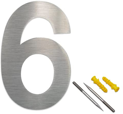 Lukadria XXL Hausnummer 6 aus gebürstetem Edelstahl V2A - rostfreie 2D-Zahl für die Hauswand - witterungsbeständige Haus-Nummer - 30 cm - Arial