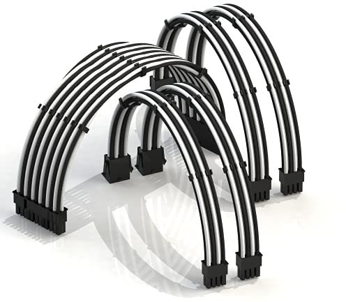 LINKUP - AVA 50cm PSU Kabelverlängerung Ummantelt GPU Nach Maß PC Stromversorgung mit Kamm-Kit | 1x 24 P (20+4) | 2X 8 P (4+4) CPU | 2X 8 P (6+2) GPU Set | 500mm - Weiß Schwarz