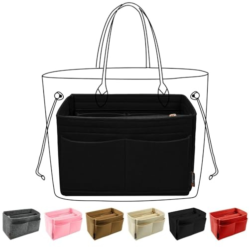 OMYSTYLE Purse Organizer Insert for Tote & Purse, Felt Bag Organizer with 5 Sizes, Compatible with Neverful Speedy and More, Black, Slender Large