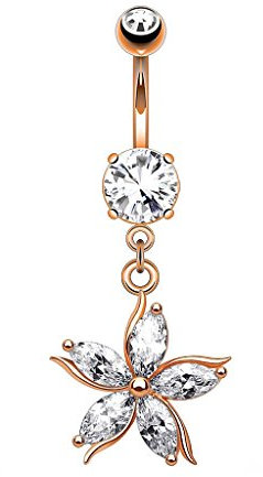 Taffstyle Bauchnabelpiercing Chirurgenstahl Stab Piercing Bauch Bauchnabel Stecker Kugel Blumen Blüte Blatt Anhänger mit Glitzer Kristall Rosegold