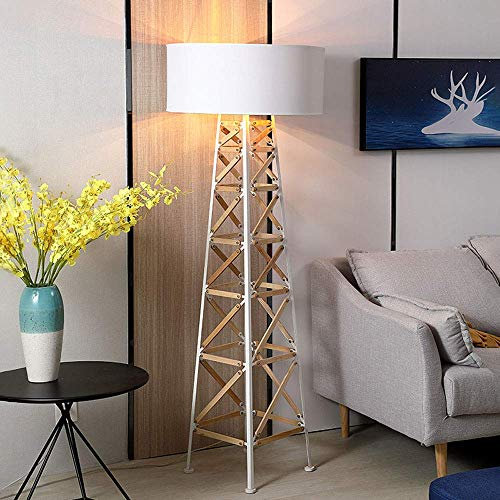 Lampadaire sur Pied En Bois De Salon, E27 Lampadaire En Bois Et Métal, Abat-Jour En Tissu ø60cm, Tour De Lampe Sur Pied, Lampe De Lecture Scandinave Pour Chambre à Coucher, Bureau, Bureau 165cm,Blanc