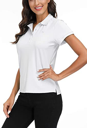 MoFiz Damen Poloshirt Kurzarm Baumwolle Polohemd Sport Polo Sommershirts Atmungsaktiv Weiß L