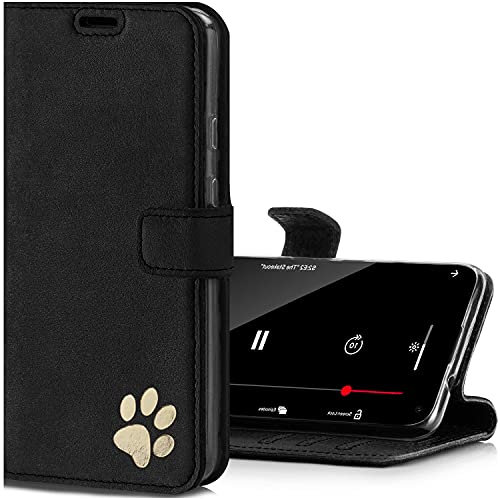 SURAZO Handyhülle für iPhone 12 – Premium RFID Echt Lederhülle Schutzhülle mit Pfotenmotiv – Schwarz Wildleder Klapphülle Wallet case mit Standfunktion Handmade in Europa für Apple iPhone 12/12 Pro