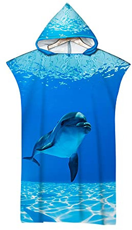 Hiseng Poncho Handtuch Erwachsene Surf Poncho mit Kapuze Strandtücher Schwimmen Strand Poncho für Jugendliche - 3D Tier Drucken Mikrofaser Badeponcho Badetuch (75x110cm,Delphin 7)