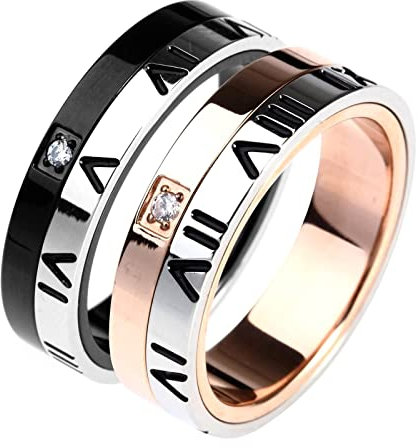 Aotiwe Paar Partnerringe Roségold Schwarz Ringe Römische Zahlen, Rostfreier Stahl Damen 52 (16.6) & Herren 60 (19.1)