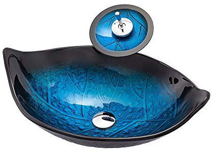 HomeLava Design Glas Waschbecken Set Blatt Form aus Gehärtetes Glas Aufsatzbecken Aufsatzwaschbecken Waschschale mit Wasserfall Wasserhahn Mittelmeer Serie inkl. Ablaufgarnitur 58.5 x 37.5 cm