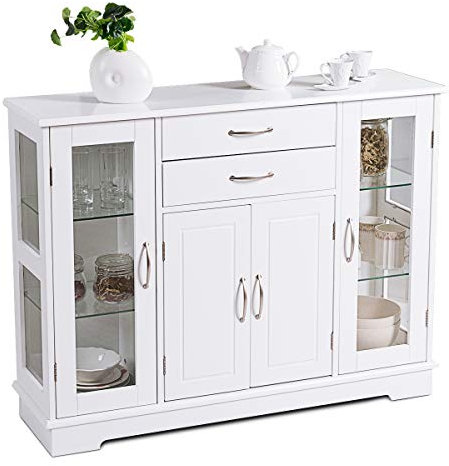 RELAX4LIFE Buffetschrank mit Verstellbarer Ablage, Sideboard mit 2 Glastüren & 2 Schubladen & 1 Doppeltür, Küchenschrank Holz, Eleganter Aufbewahrungsschrank für Küche & Wohnzimmer & Esszimmer (Weiß)