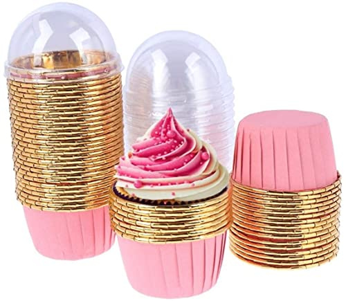 LATRAT 50 pirottini in alluminio per cupcake, usa e getta, con coperchio, oro rosa, resistente al calore, antiaderente, per feste e celebrazioni