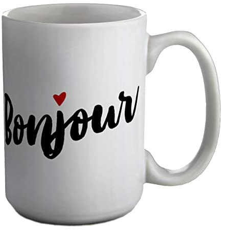 Shopagift Bonjour with Red Love Heart White 15oz Large Mug Cup