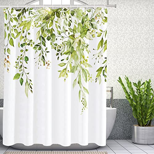 Tititex Fragile Sprout Gras Grün Eukalyptus Duschvorhang-Sets, Gardinen, Aquarellblätter auf der Oberseite Pflanze mit Blumen-Badezimmer-Dekoration, 183 x 183 cm mit Haken